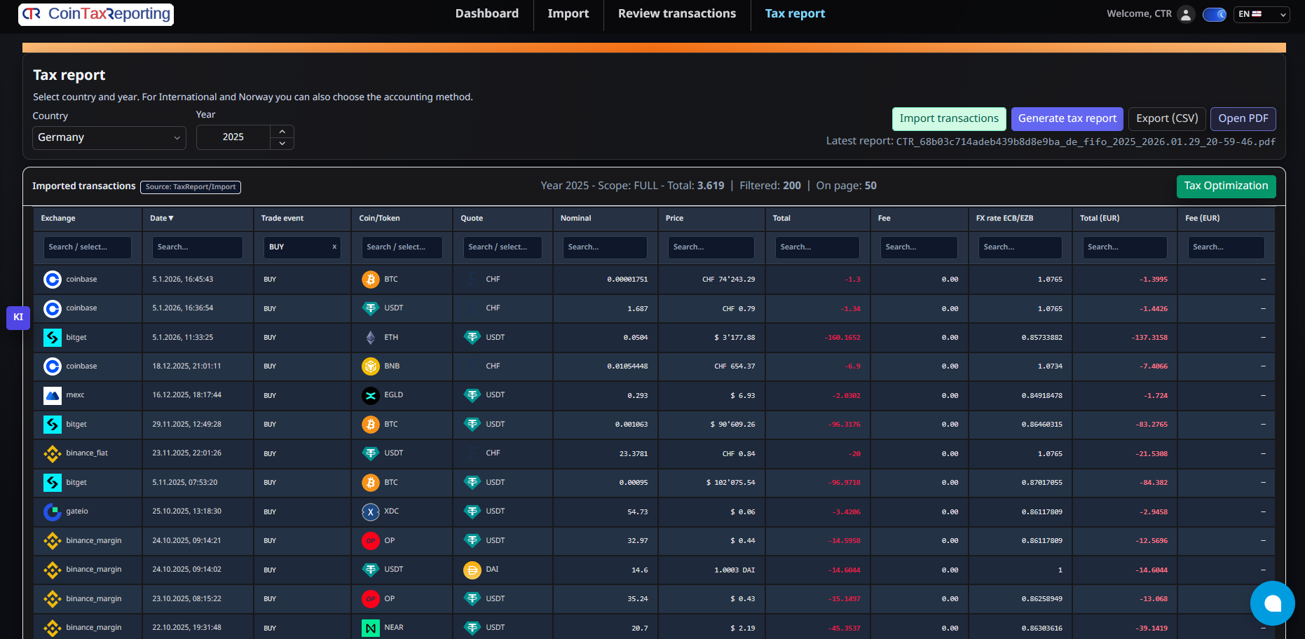 Vorschau des USA - 1099-DA Steuerreports fuer das Steuerjahr 2025 mit Uebersicht, Transaktionen und Audit-Trail.
